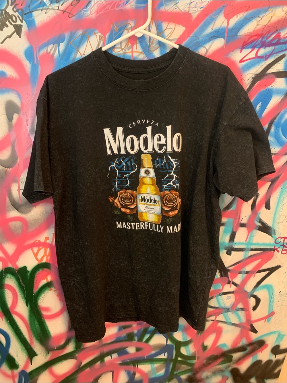 Modelo Black Graphic Beer Bottle Tee with Rose Accents